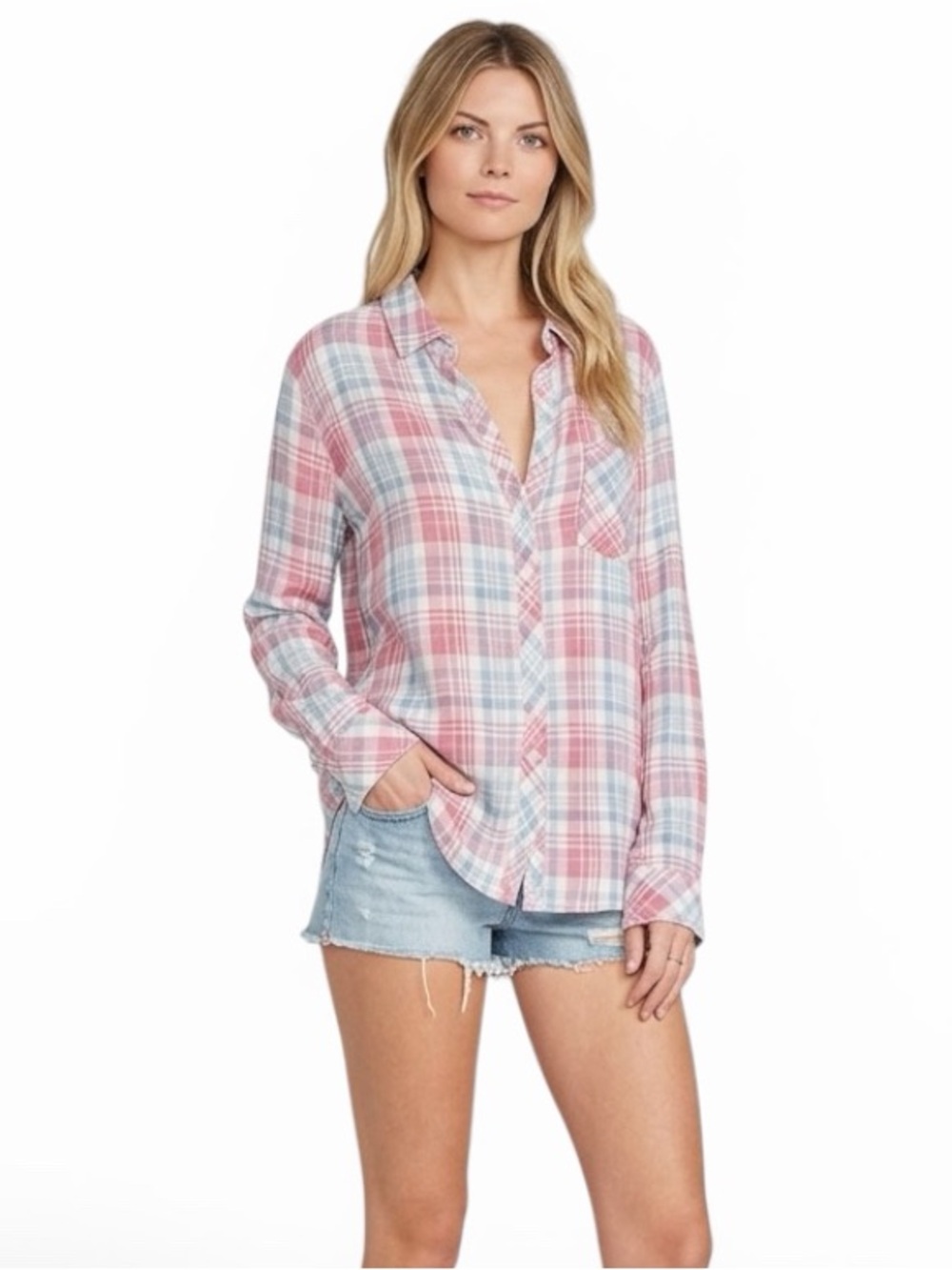 Rails Hunter Plaid Button Up Shirt Rosewood/Sky Small  EUC - Picture 2 of 11
